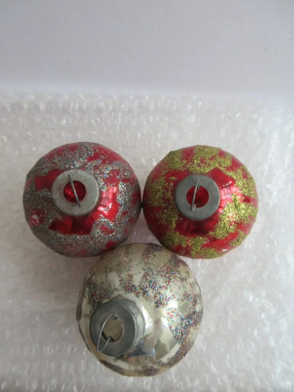 Glass Christmas Ornaments Vintage Made in USA Decorated with Glitter Lot of 4